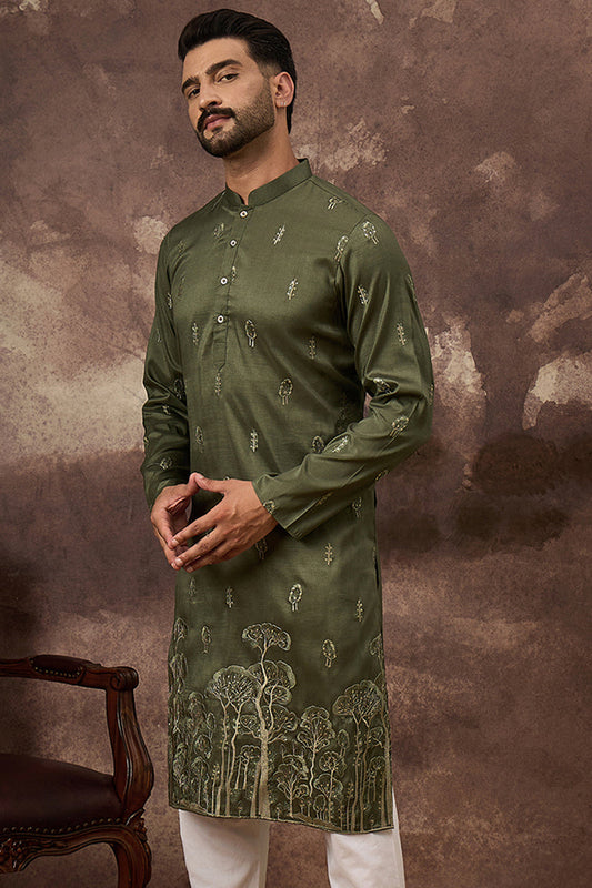 green silk blend solid embroidered straight kurta