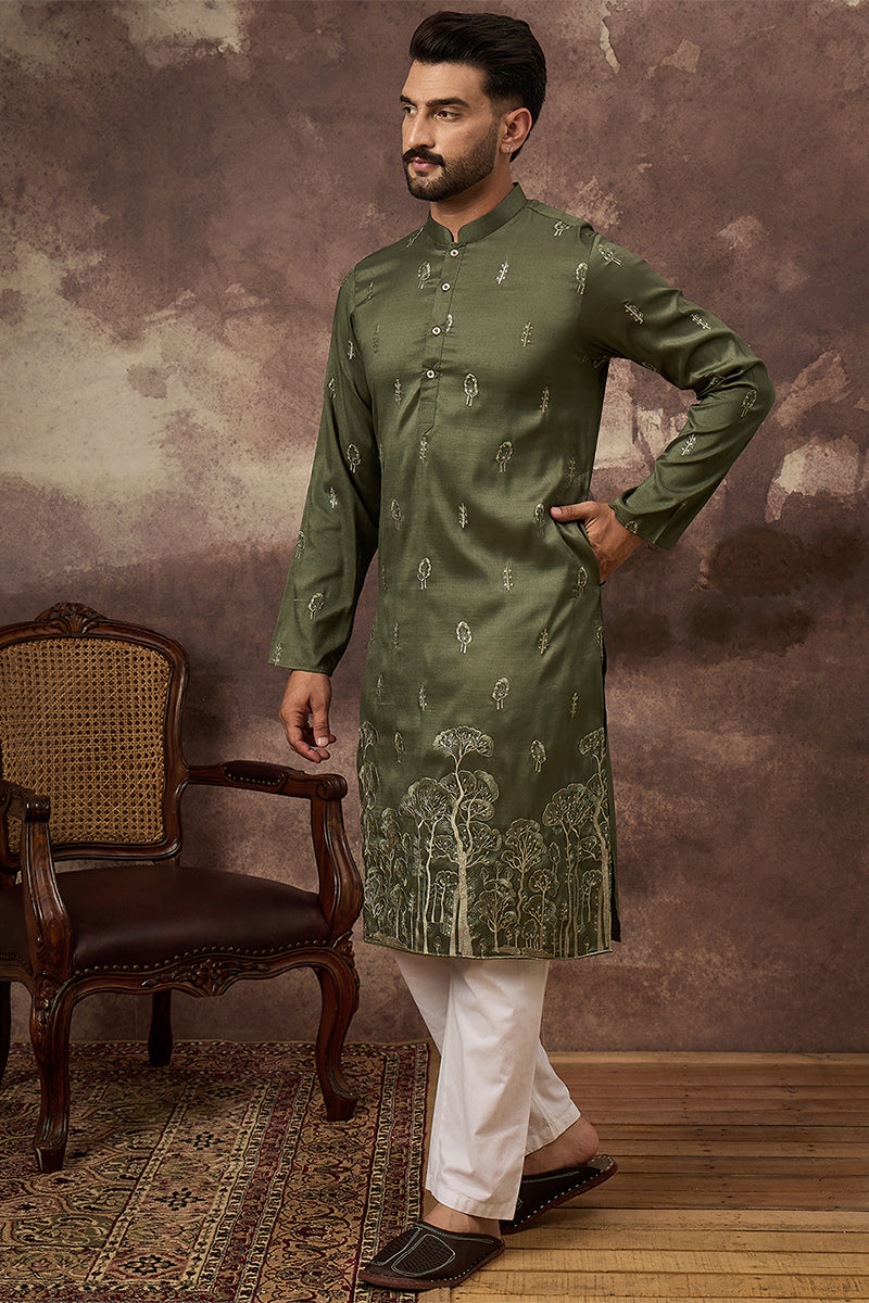 green silk blend solid embroidered straight kurta
