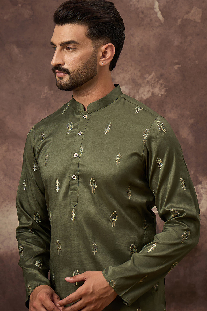 green silk blend solid embroidered straight kurta