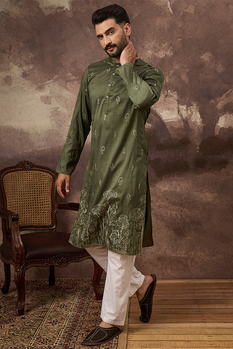green silk blend solid embroidered straight kurta
