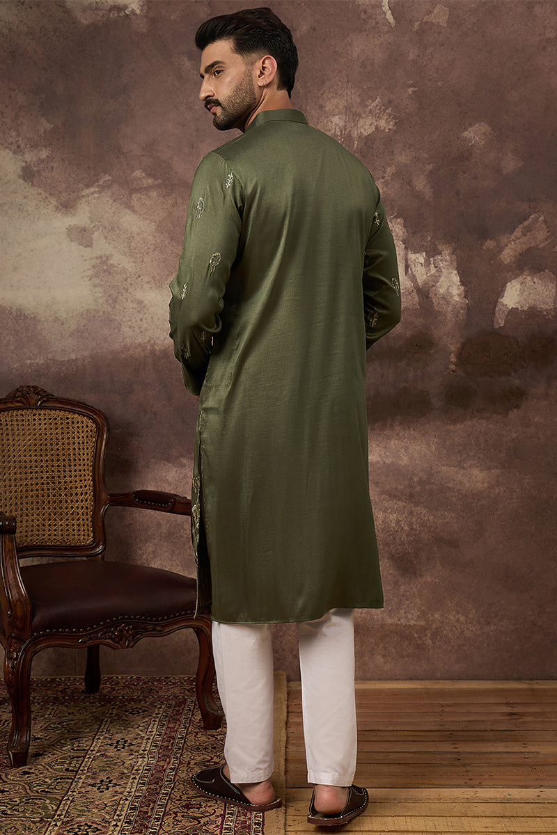 green silk blend solid embroidered straight kurta