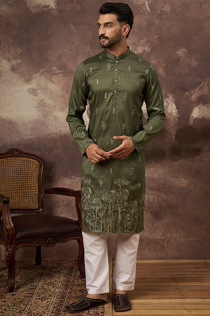 green silk blend solid embroidered straight kurta