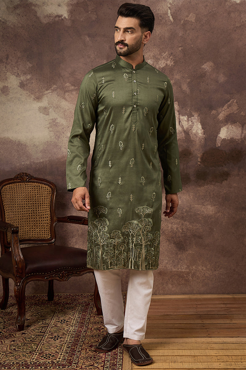 green silk blend solid embroidered straight kurta