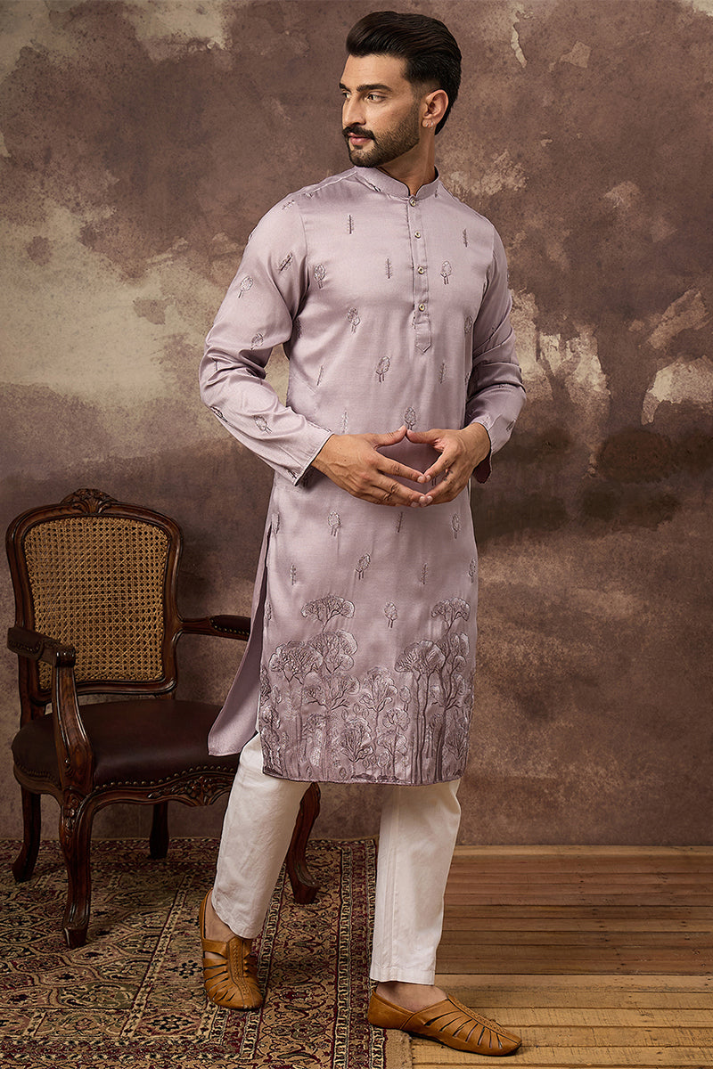 lavender silk blend solid embroidered straight kurta