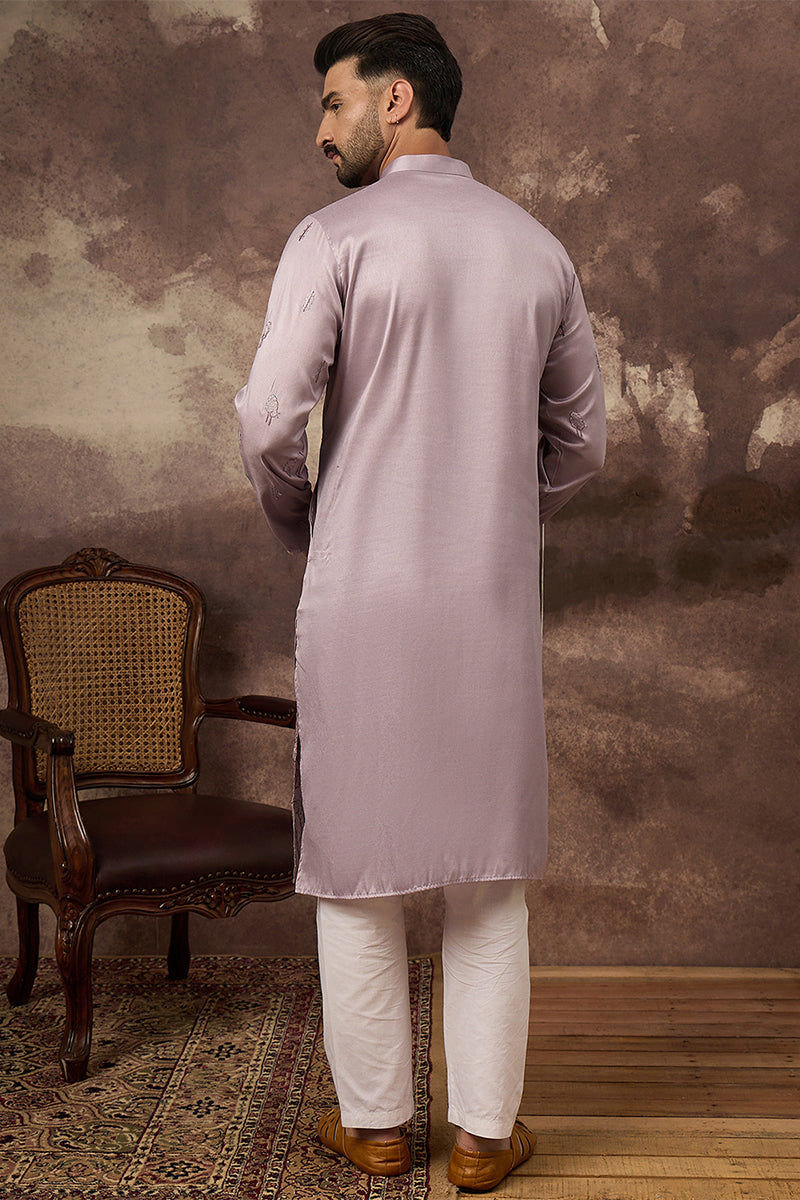 lavender silk blend solid embroidered straight kurta