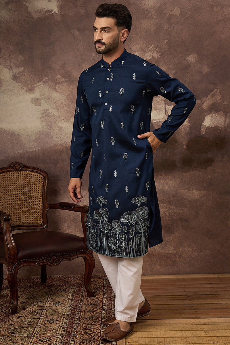 navy blue silk blend solid embroidered straight kurta