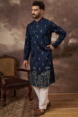 navy blue silk blend solid embroidered straight kurta