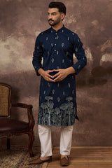 navy blue silk blend solid embroidered straight kurta