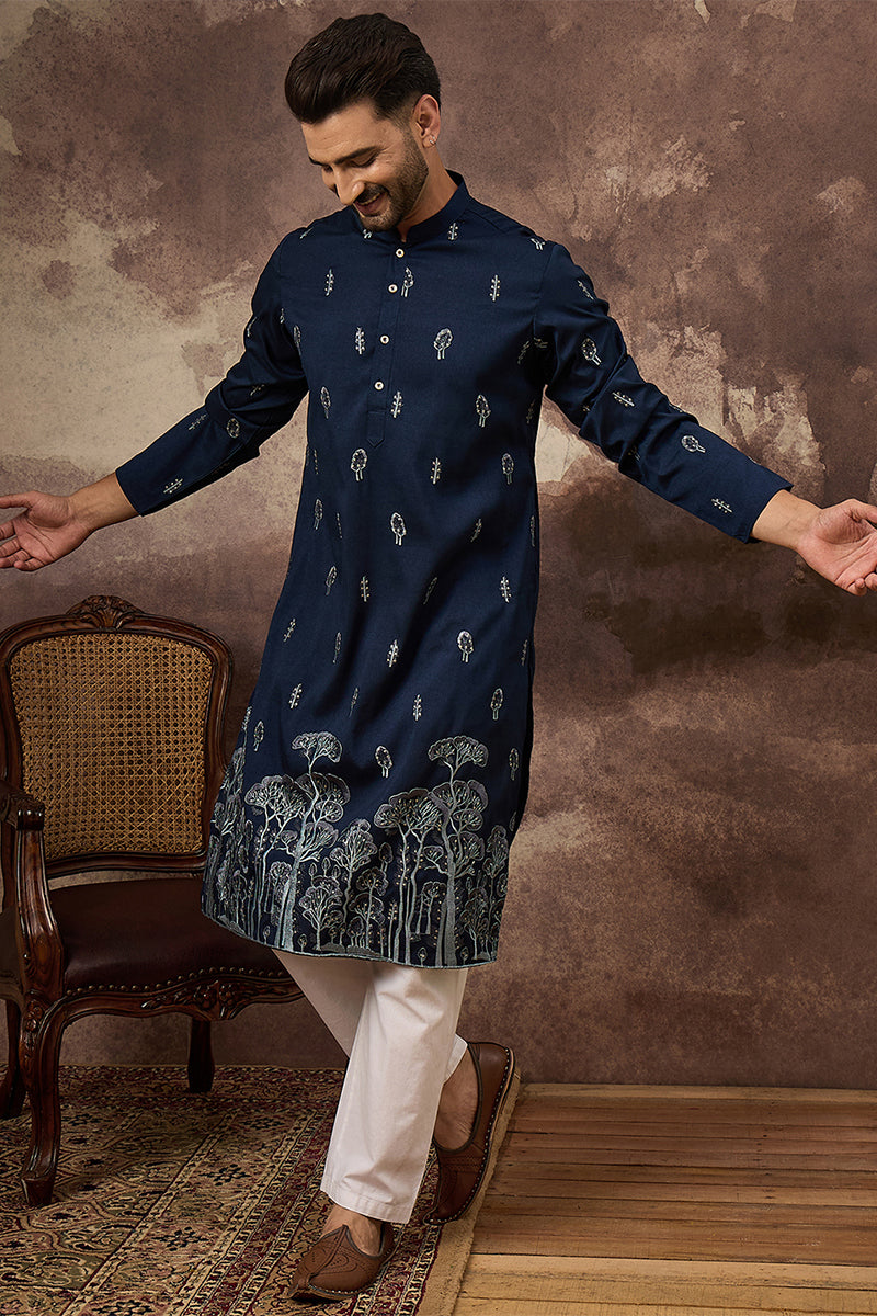 navy blue silk blend solid embroidered straight kurta