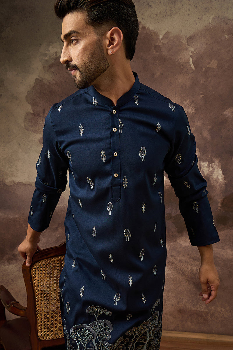 navy blue silk blend solid embroidered straight kurta