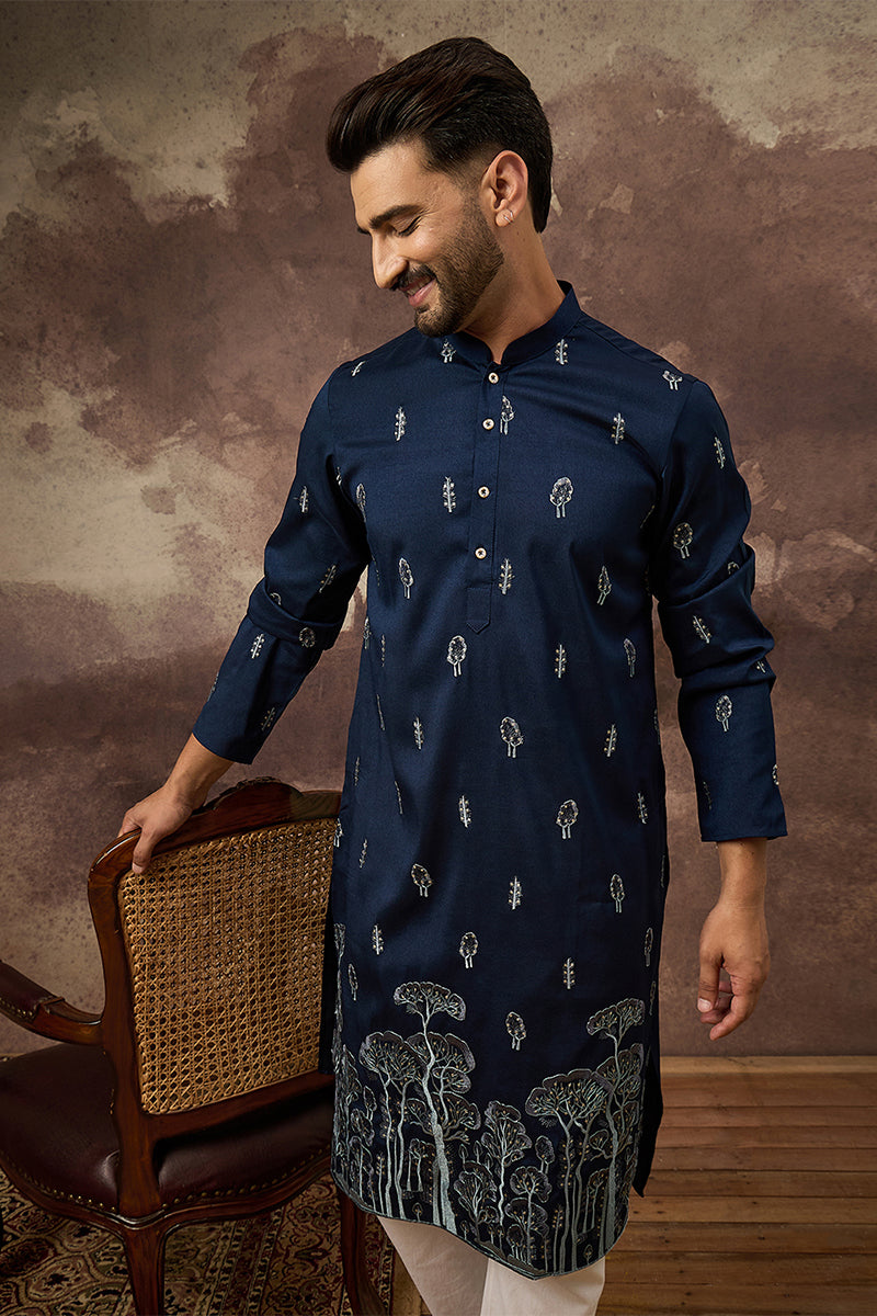navy blue silk blend solid embroidered straight kurta