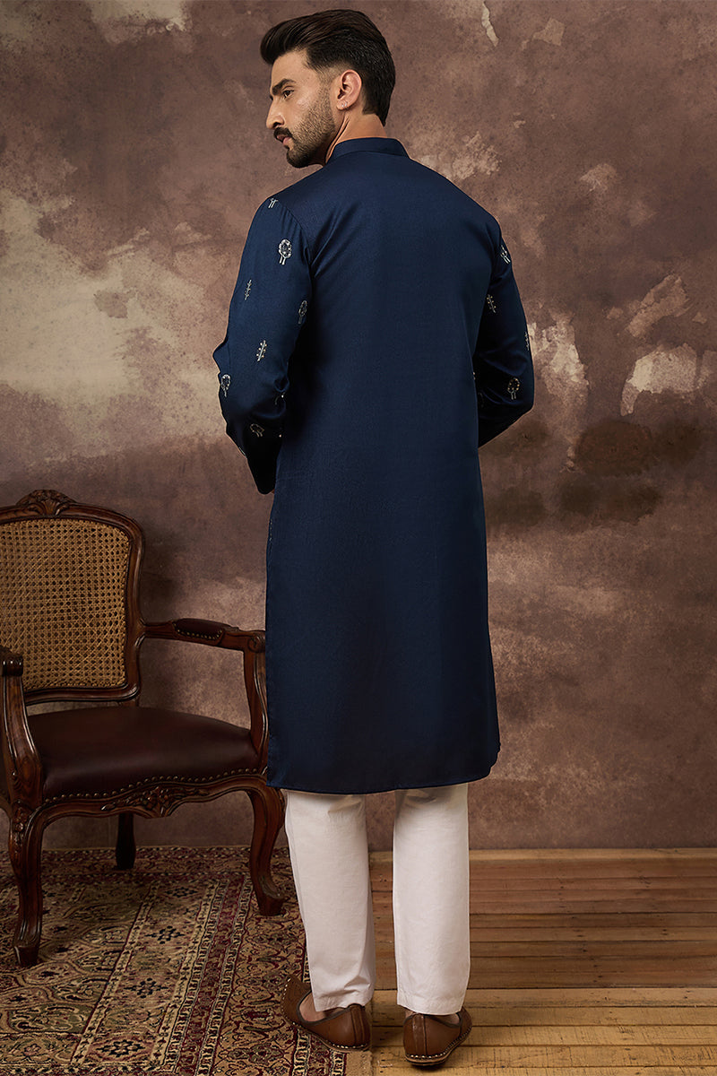 navy blue silk blend solid embroidered straight kurta