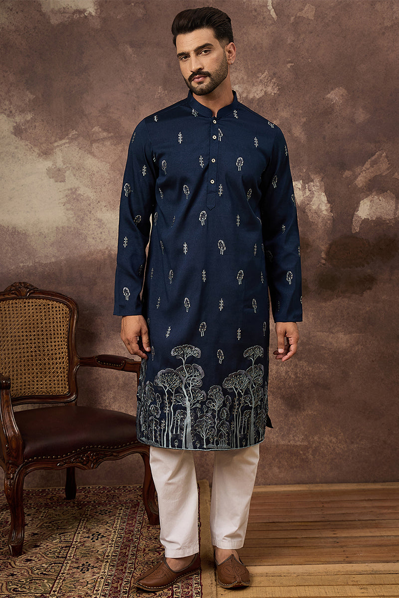 navy blue silk blend solid embroidered straight kurta