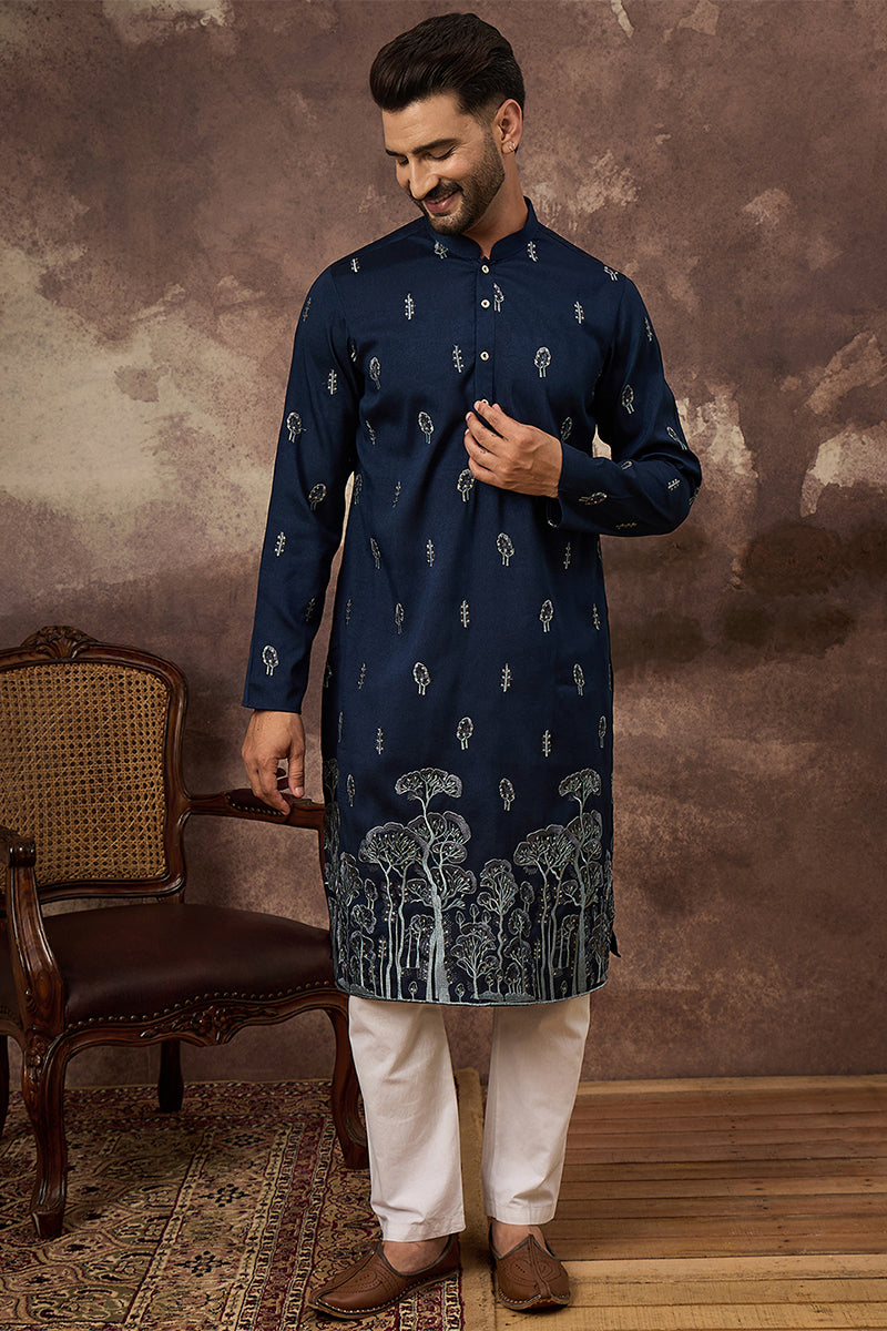 navy blue silk blend solid embroidered straight kurta