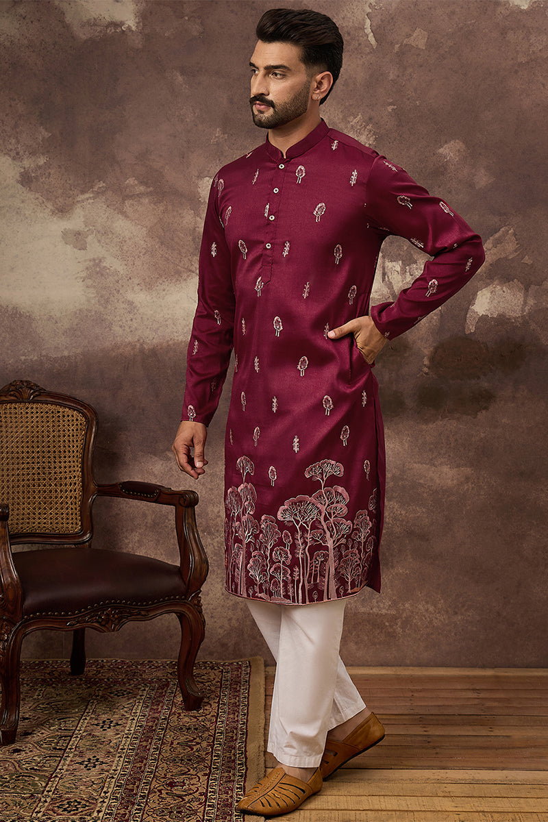 Maroon Silk Blend Solid Embroidered Straight Kurta