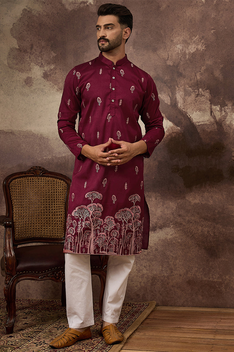 Maroon Silk Blend Solid Embroidered Straight Kurta