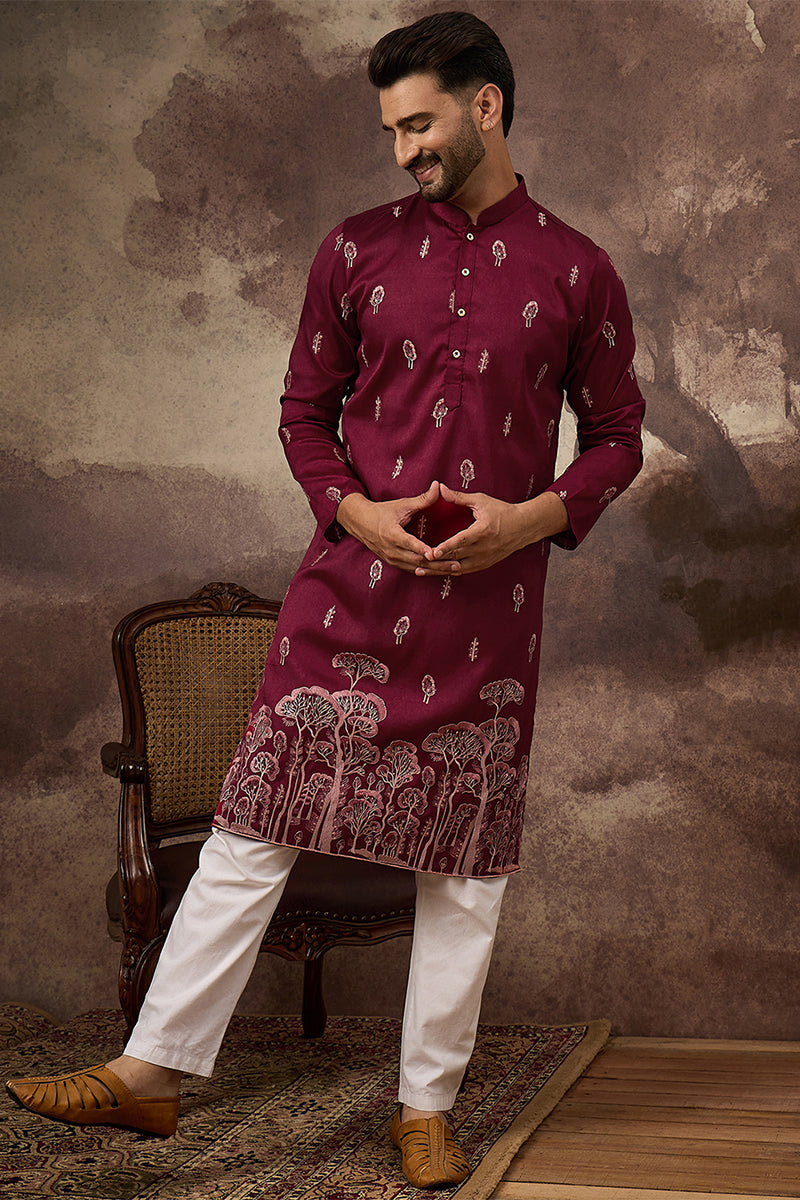Maroon Silk Blend Solid Embroidered Straight Kurta