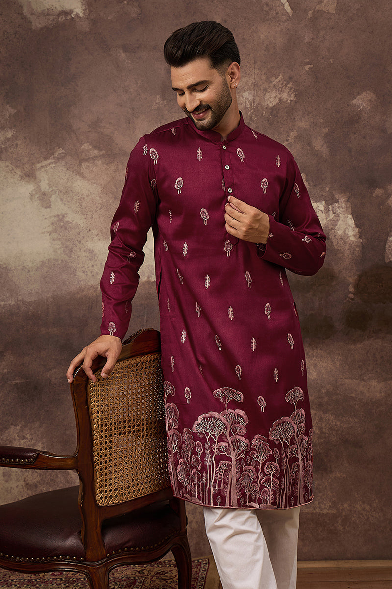 Maroon Silk Blend Solid Embroidered Straight Kurta MKU1336