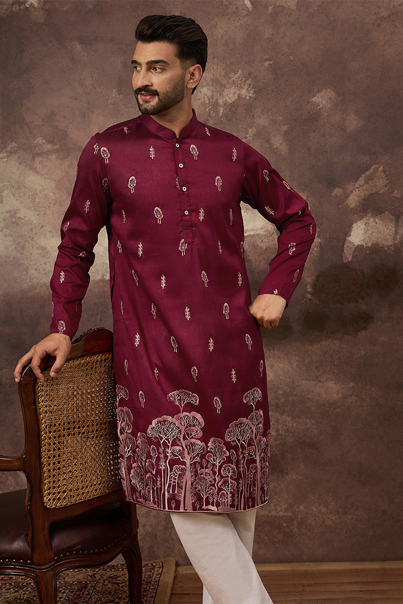 Maroon Silk Blend Solid Embroidered Straight Kurta