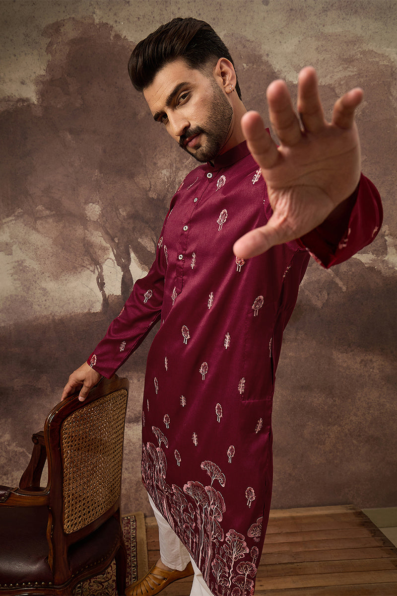 Maroon Silk Blend Solid Embroidered Straight Kurta MKU1336