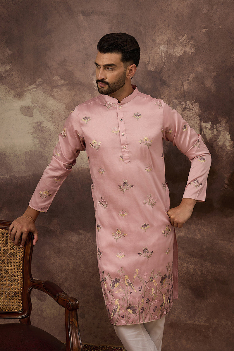 Peach Silk Blend Solid Embroidered Straight Kurta