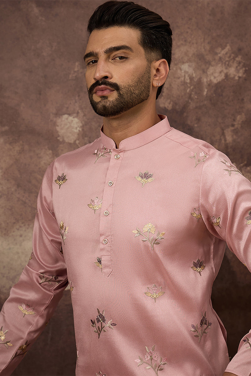Peach Silk Blend Solid Embroidered Straight Kurta
