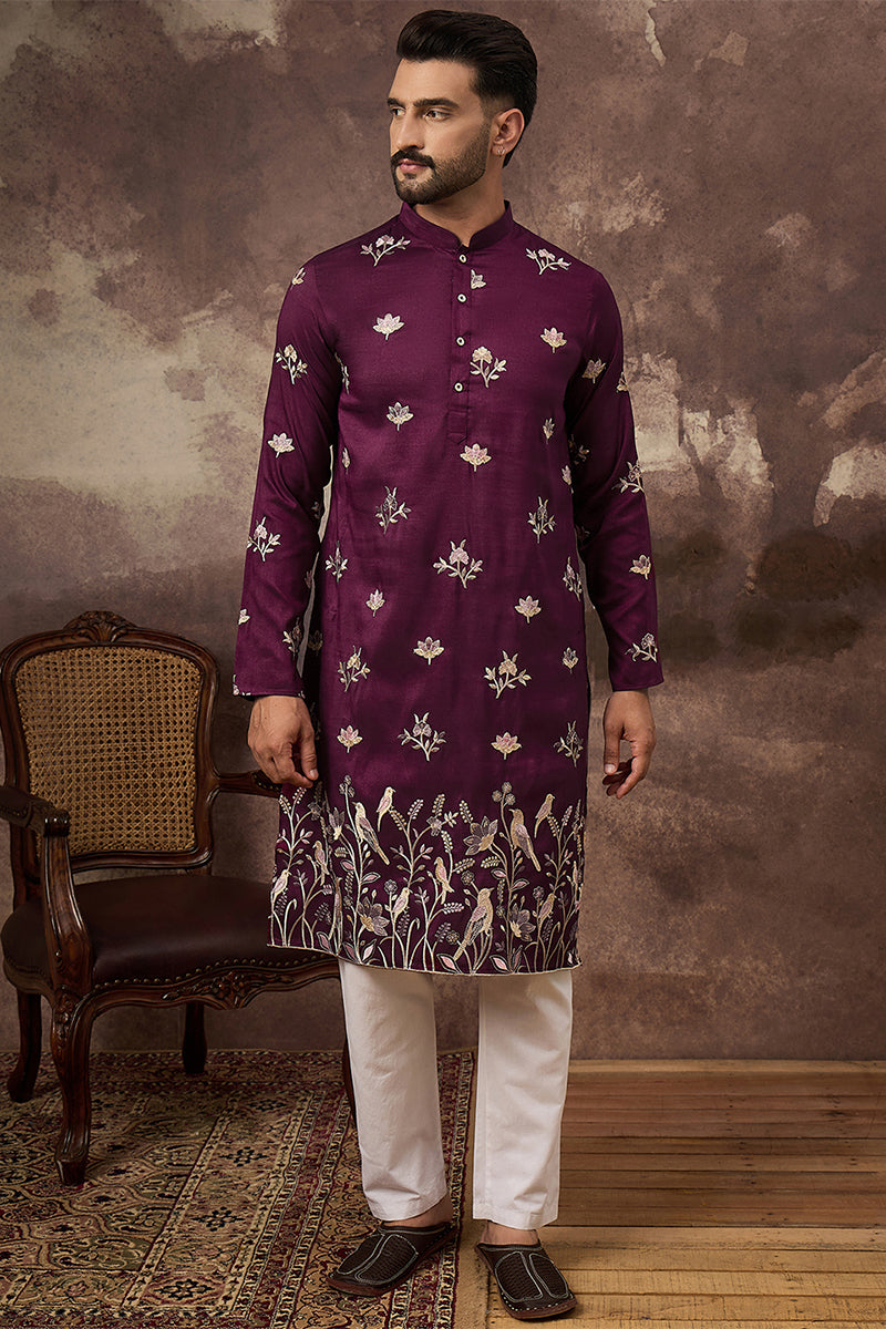 purple silk blend solid embroidered straight kurta