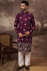 purple silk blend solid embroidered straight kurta