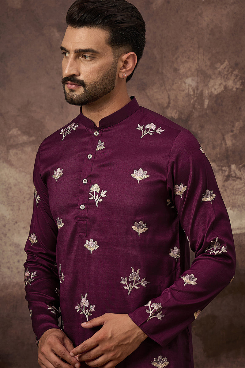 purple silk blend solid embroidered straight kurta
