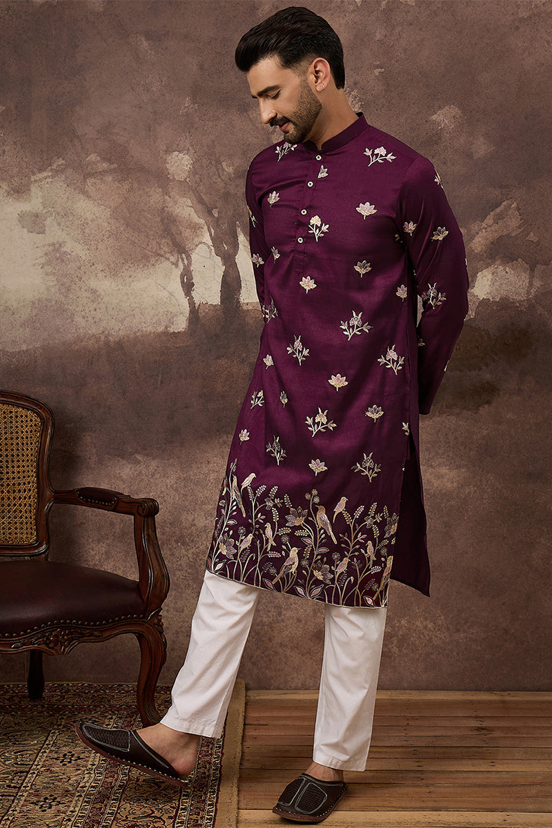 purple silk blend solid embroidered straight kurta