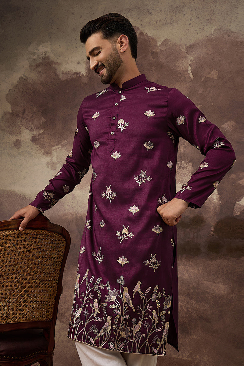 purple silk blend solid embroidered straight kurta