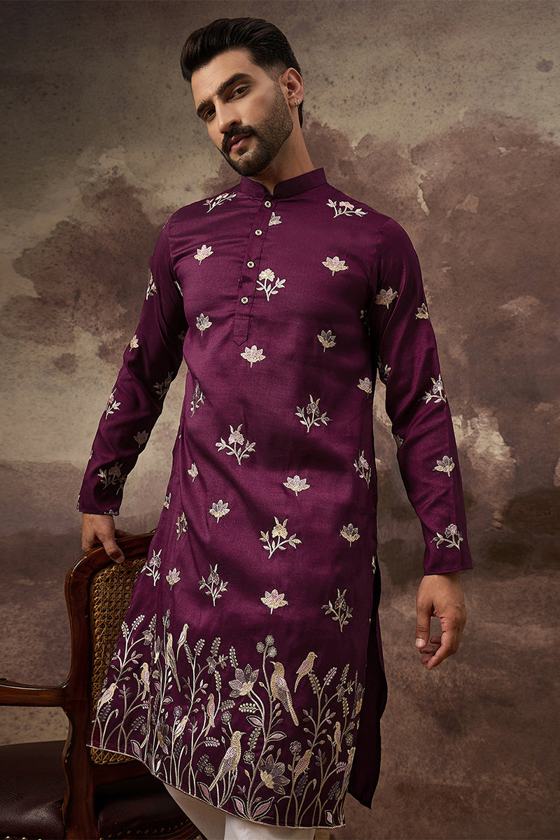 purple silk blend solid embroidered straight kurta