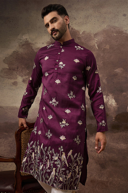 purple silk blend solid embroidered straight kurta