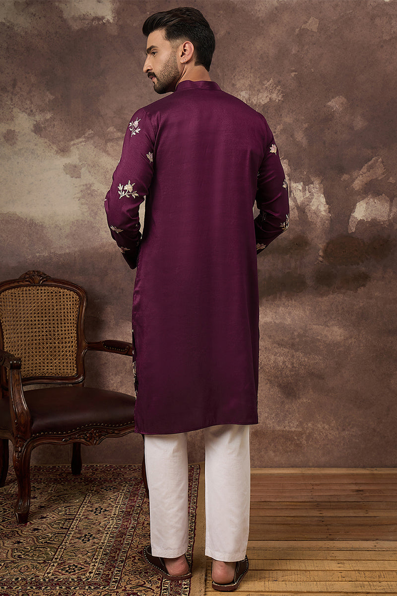 purple silk blend solid embroidered straight kurta