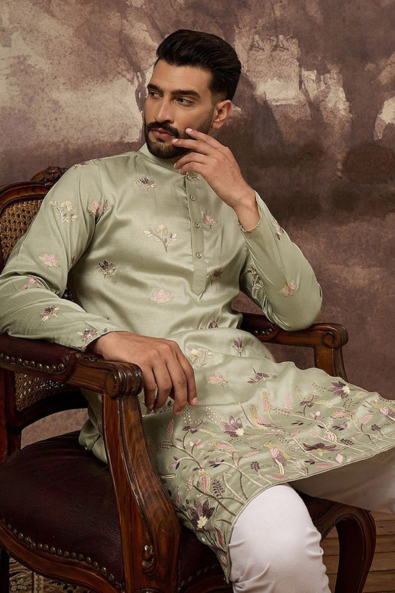 green silk blend solid embroidered straight kurta