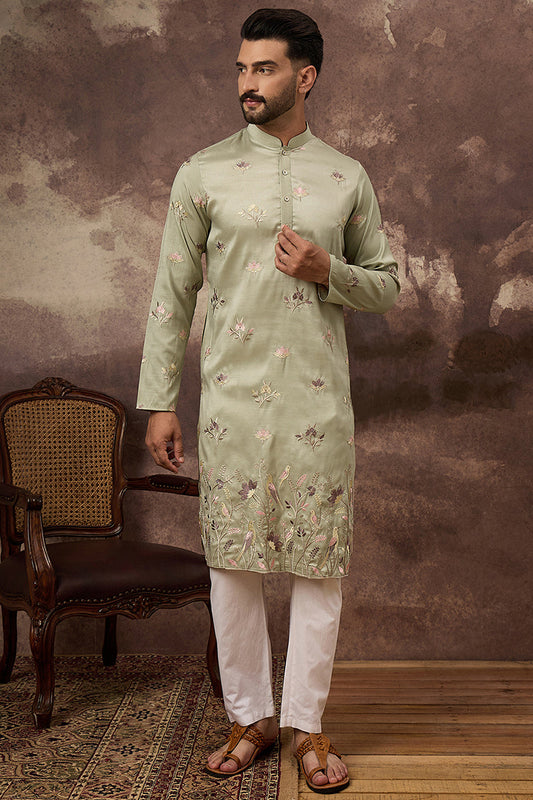 green silk blend solid embroidered straight kurta