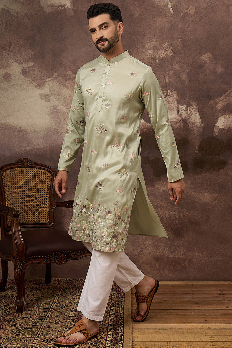 green silk blend solid embroidered straight kurta