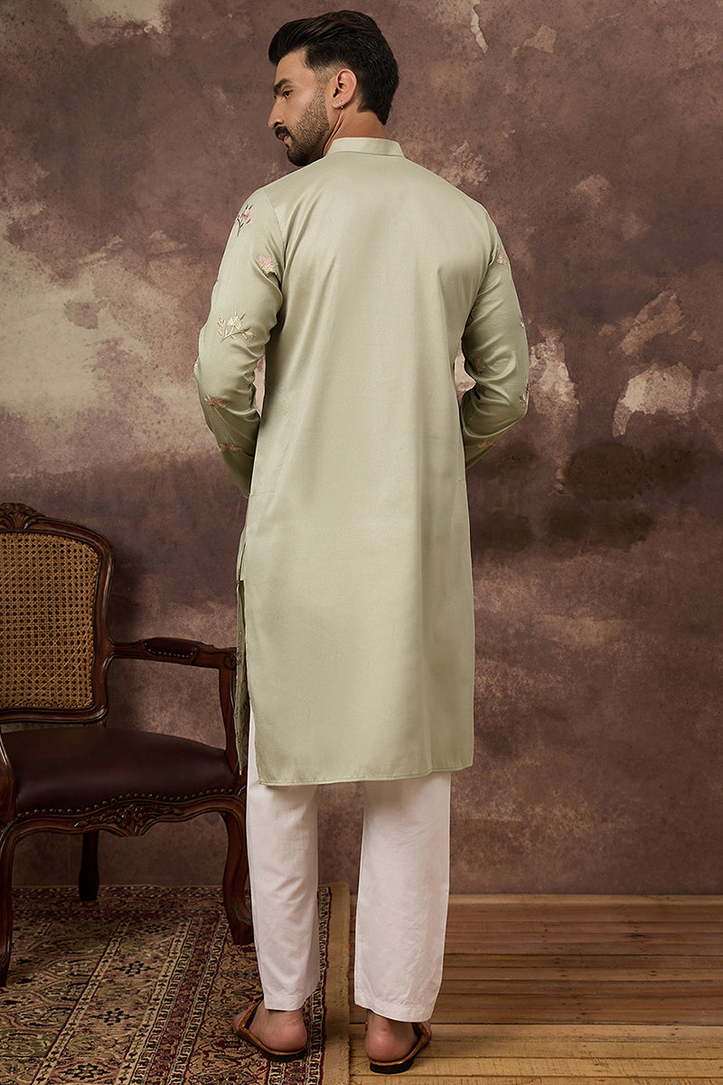 green silk blend solid embroidered straight kurta
