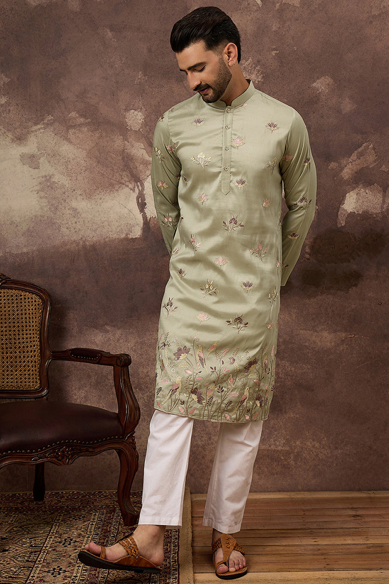 green silk blend solid embroidered straight kurta