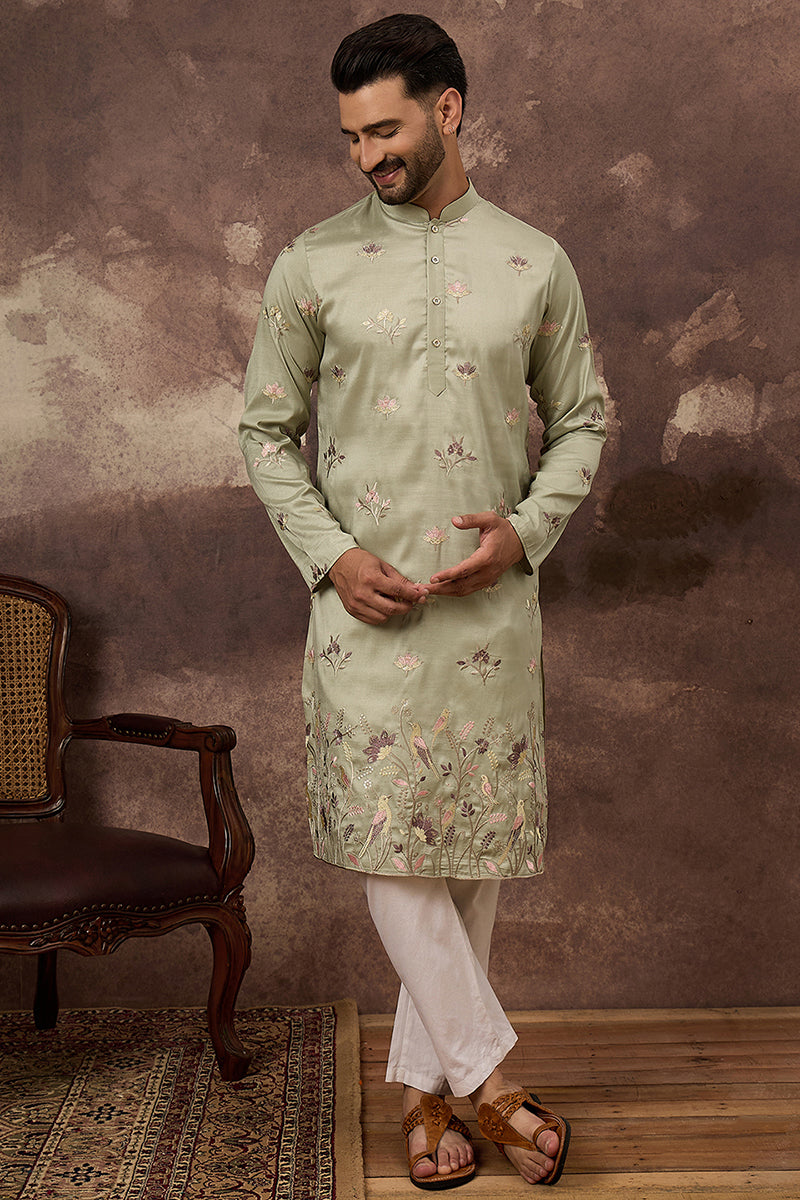 green silk blend solid embroidered straight kurta