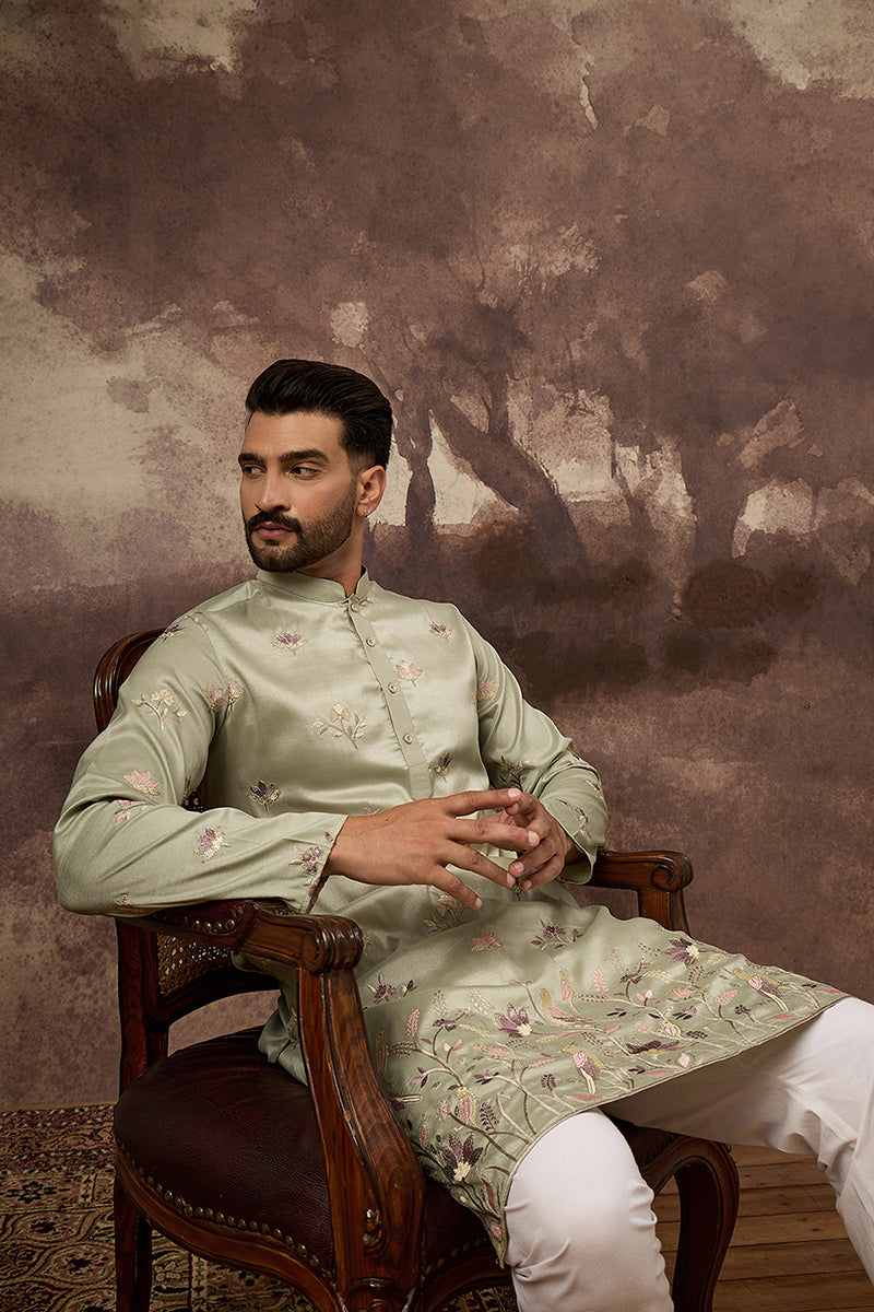 green silk blend solid embroidered straight kurta