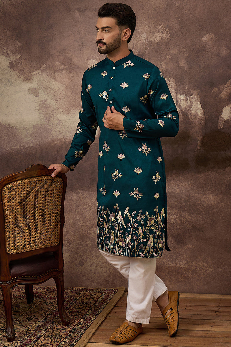Blue Silk Blend Solid Embroidered Straight Kurta