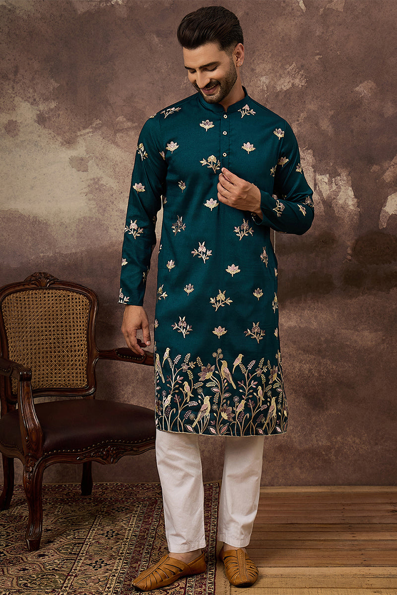 Blue Silk Blend Solid Embroidered Straight Kurta
