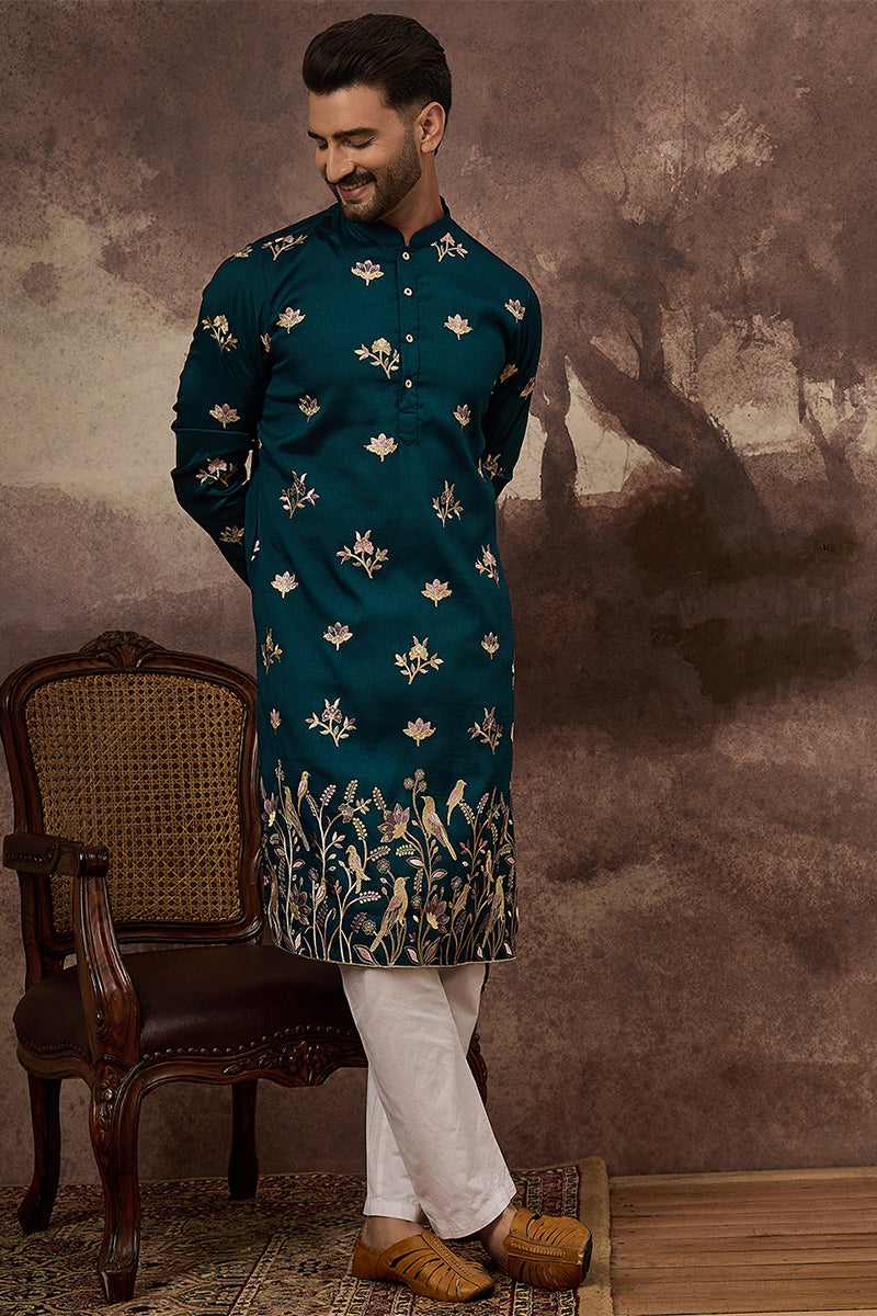 Blue Silk Blend Solid Embroidered Straight Kurta
