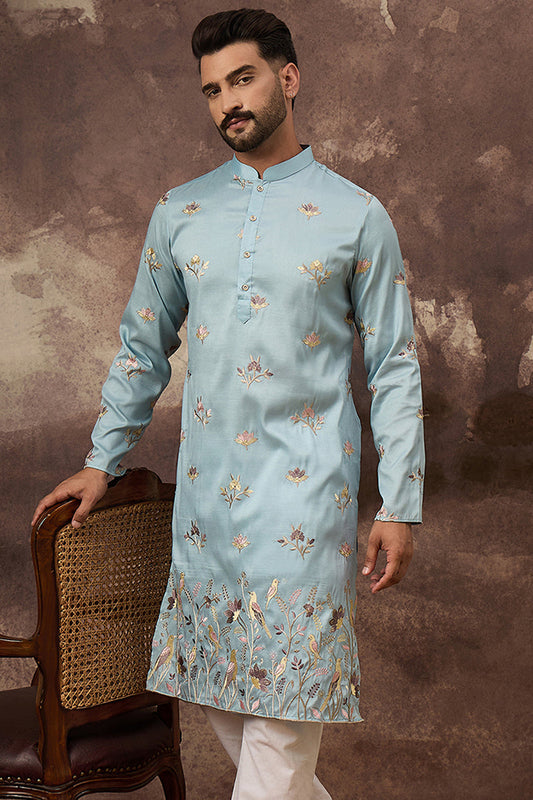 Blue Silk Blend Solid Embroidered Straight Kurta MKU1343
