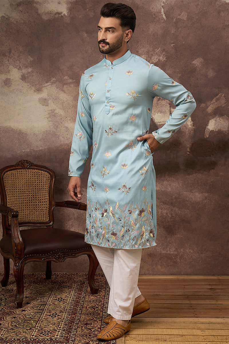 Blue Silk Blend Solid Embroidered Straight Kurta