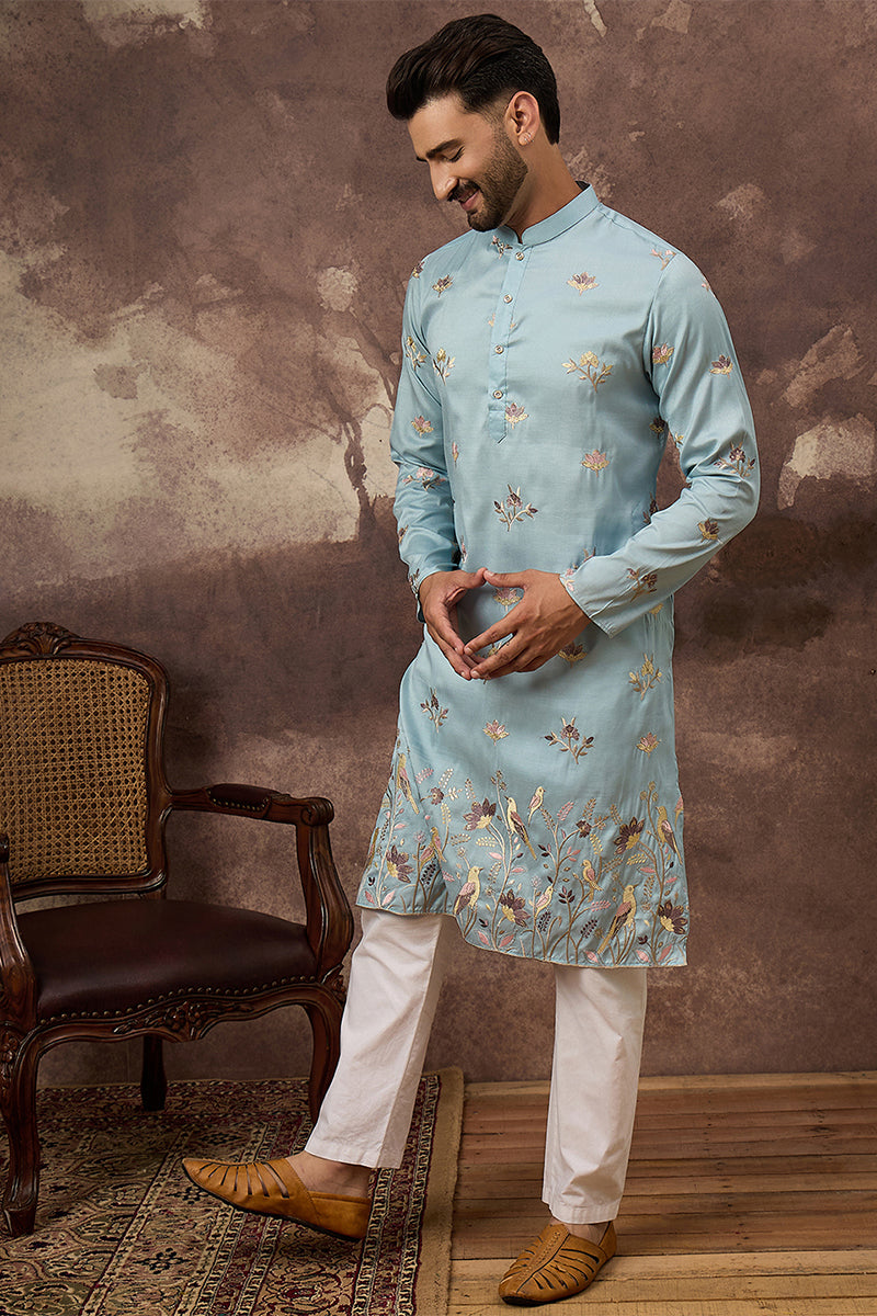 Blue Silk Blend Solid Embroidered Straight Kurta