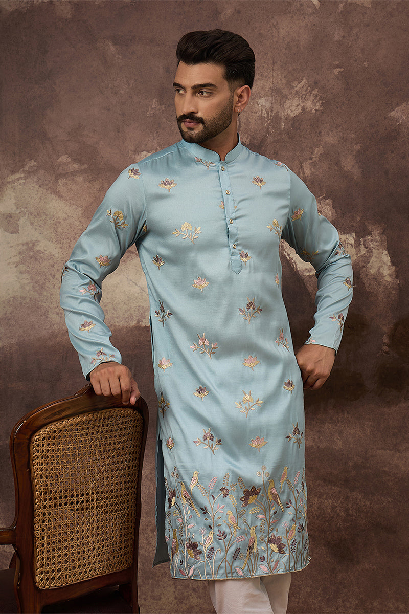 Blue Silk Blend Solid Embroidered Straight Kurta