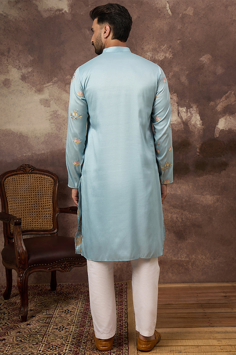 Blue Silk Blend Solid Embroidered Straight Kurta