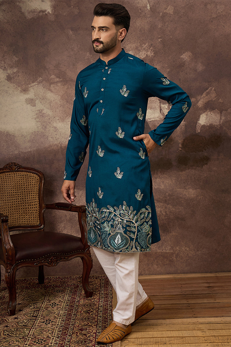 blue silk blend solid embroidered straight kurta